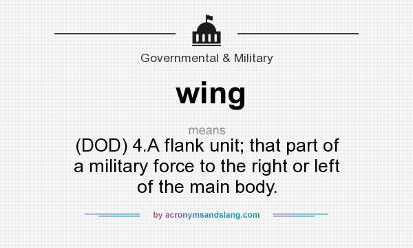 What does wing mean? It stands for (DOD) 4.A flank unit; that part of a military force to the right or left of the main body.