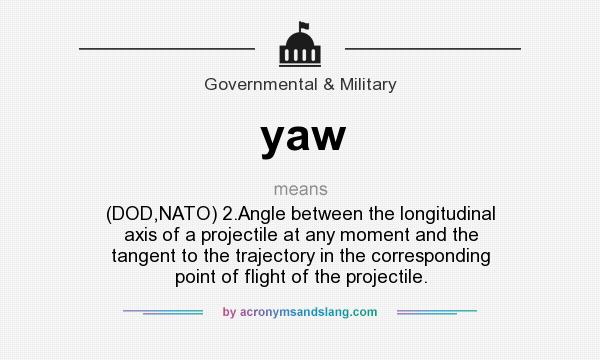 What does yaw mean? It stands for (DOD,NATO) 2.Angle between the longitudinal axis of a projectile at any moment and the tangent to the trajectory in the corresponding point of flight of the projectile.