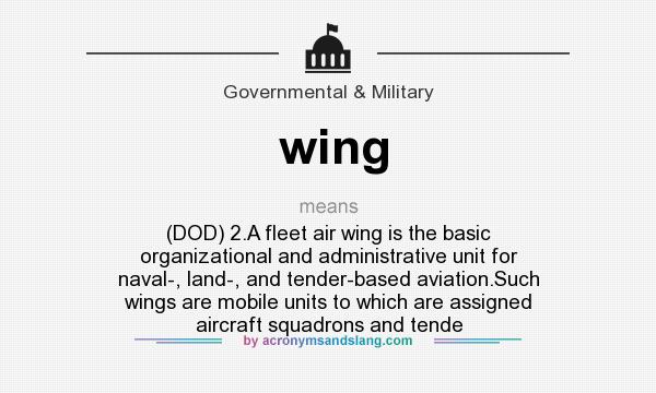 What does wing mean? It stands for (DOD) 2.A fleet air wing is the basic organizational and administrative unit for naval-, land-, and tender-based aviation.Such wings are mobile units to which are assigned aircraft squadrons and tende
