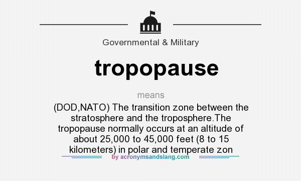 What does tropopause mean? It stands for (DOD,NATO) The transition zone between the stratosphere and the troposphere.The tropopause normally occurs at an altitude of about 25,000 to 45,000 feet (8 to 15 kilometers) in polar and temperate zon