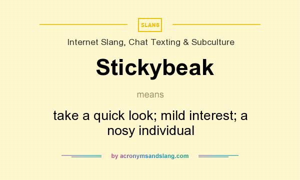 What does Stickybeak mean? It stands for take a quick look; mild interest; a nosy individual