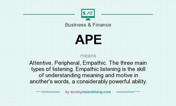 What does APE mean? It stands for Attentive, Peripheral, Empathic. The three main types of listening. Empathic listening is the skill of understanding meaning and motive in another`s words, a considerably powerful ability.