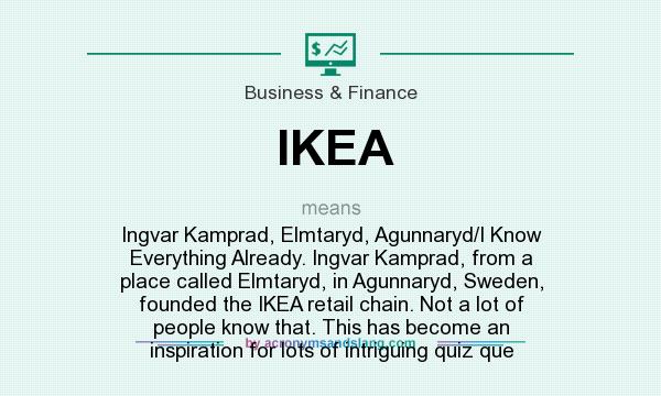 What does IKEA mean? It stands for Ingvar Kamprad, Elmtaryd, Agunnaryd/I Know Everything Already. Ingvar Kamprad, from a place called Elmtaryd, in Agunnaryd, Sweden, founded the IKEA retail chain. Not a lot of people know that. This has become an inspiration for lots of intriguing quiz que