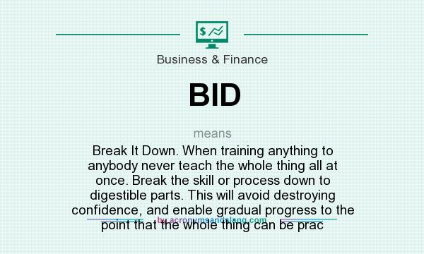 What does BID mean? It stands for Break It Down. When training anything to anybody never teach the whole thing all at once. Break the skill or process down to digestible parts. This will avoid destroying confidence, and enable gradual progress to the point that the whole thing can be prac
