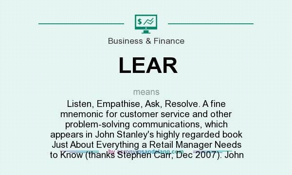 What does LEAR mean? It stands for Listen, Empathise, Ask, Resolve. A fine mnemonic for customer service and other problem-solving communications, which appears in John Stanley`s highly regarded book Just About Everything a Retail Manager Needs to Know (thanks Stephen Carr, Dec 2007). John
