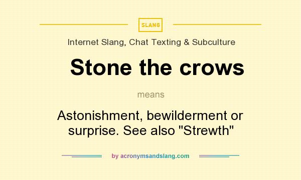 What does Stone the crows mean? It stands for Astonishment, bewilderment or surprise. See also Strewth