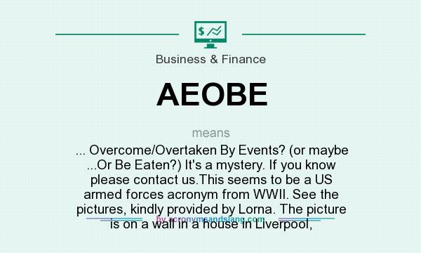 What does AEOBE mean? It stands for ... Overcome/Overtaken By Events? (or maybe ...Or Be Eaten?) It`s a mystery. If you know please contact us.This seems to be a US armed forces acronym from WWII. See the pictures, kindly provided by Lorna. The picture is on a wall in a house in Liverpool,