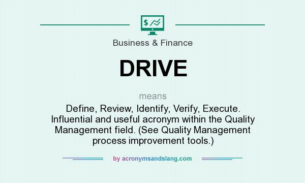 What does DRIVE mean? It stands for Define, Review, Identify, Verify, Execute. Influential and useful acronym within the Quality Management field. (See Quality Management process improvement tools.)