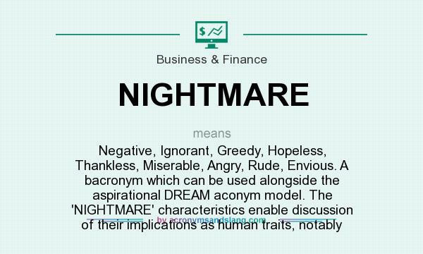 What does NIGHTMARE mean? It stands for Negative, Ignorant, Greedy, Hopeless, Thankless, Miserable, Angry, Rude, Envious. A bacronym which can be used alongside the aspirational DREAM aconym model. The `NIGHTMARE` characteristics enable discussion of their implications as human traits, notably