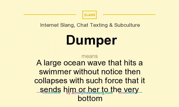 What does Dumper mean? It stands for A large ocean wave that hits a swimmer without notice then collapses with such force that it sends him or her to the very bottom