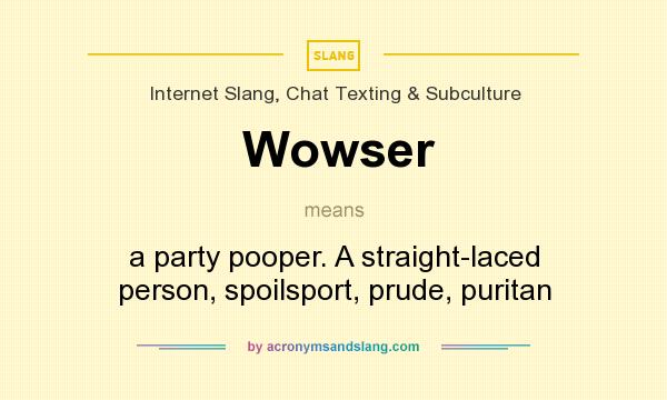 What does Wowser mean? It stands for a party pooper. A straight-laced person, spoilsport, prude, puritan