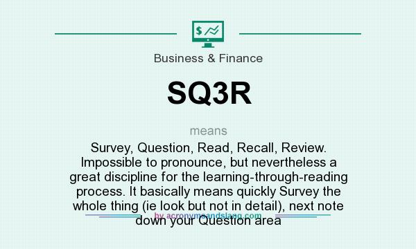 What does SQ3R mean? It stands for Survey, Question, Read, Recall, Review. Impossible to pronounce, but nevertheless a great discipline for the learning-through-reading process. It basically means quickly Survey the whole thing (ie look but not in detail), next note down your Question area