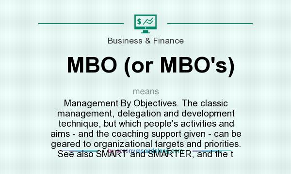 What does MBO (or MBO`s) mean? It stands for Management By Objectives. The classic management, delegation and development technique, but which people`s activities and aims - and the coaching support given - can be geared to organizational targets and priorities. See also SMART and SMARTER, and the t