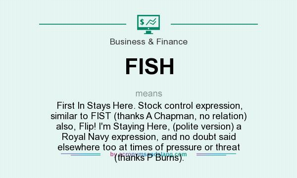 What does FISH mean? It stands for First In Stays Here. Stock control expression, similar to FIST (thanks A Chapman, no relation) also, Flip! I`m Staying Here, (polite version) a Royal Navy expression, and no doubt said elsewhere too at times of pressure or threat (thanks P Burns).