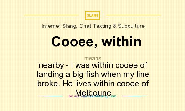 What does Cooee, within mean? It stands for nearby - I was within cooee of landing a big fish when my line broke. He lives within cooee of Melboune