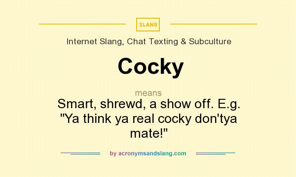 What does Cocky mean? It stands for Smart, shrewd, a show off. E.g. 