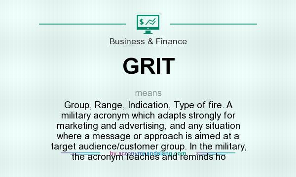 What does GRIT mean? It stands for Group, Range, Indication, Type of fire. A military acronym which adapts strongly for marketing and advertising, and any situation where a message or approach is aimed at a target audience/customer group. In the military, the acronym teaches and reminds ho