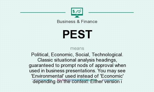 What does PEST mean? It stands for Political, Economic, Social, Technological. Classic situational analysis headings, guaranteed to prompt nods of approval when used in business presentations. You may see `Environmental` used instead of `Economic` depending on the context. Either version i