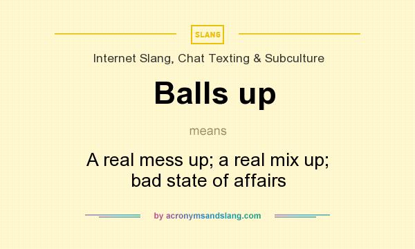 What does Balls up mean? It stands for A real mess up; a real mix up; bad state of affairs