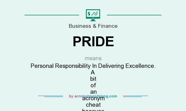 What does PRIDE mean? It stands for Personal Responsibility In Delivering Excellence. A bit of an acronym cheat because `for` would sound much better than `in`, but PRFDE doesn`t have quite the same ring to it. (Courtesy Mr Bull, of the England Rugby Union national team coaching staff.)
