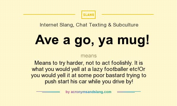 What does Ave a go, ya mug! mean? It stands for Means to try harder, not to act foolishly. It is what you would yell at a lazy footballer etc!Or you would yell it at some poor bastard trying to push start his car while you drive by!