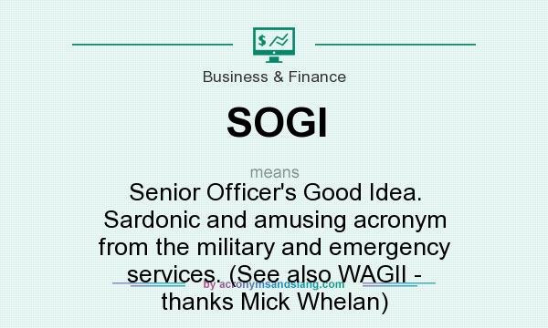 What does SOGI mean? It stands for Senior Officer`s Good Idea. Sardonic and amusing acronym from the military and emergency services. (See also WAGII - thanks Mick Whelan)