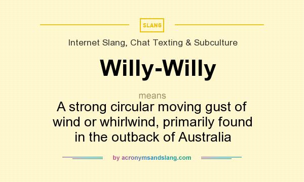 What does Willy-Willy mean? It stands for A strong circular moving gust of wind or whirlwind, primarily found in the outback of Australia