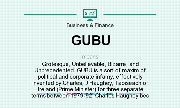 What does GUBU mean? It stands for Grotesque, Unbelievable, Bizarre, and Unprecedented. GUBU is a sort of maxim of political and corporate infamy, effectively invented by Charles, J Haughey, Taoiseach of Ireland (Prime Minister) for three separate terms between 1979-92. Charles Haughey bec