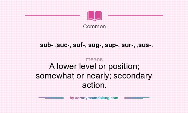 What does sub- ,suc-, suf-, sug-, sup-, sur-, ,sus-. mean? It stands for A lower level or position; somewhat or nearly; secondary action.