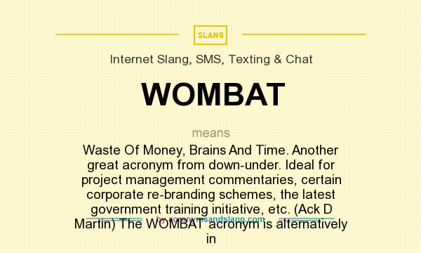 What does WOMBAT mean? It stands for Waste Of Money, Brains And Time. Another great acronym from down-under. Ideal for project management commentaries, certain corporate re-branding schemes, the latest government training initiative, etc. (Ack D Martin) The WOMBAT acronym is alternatively in