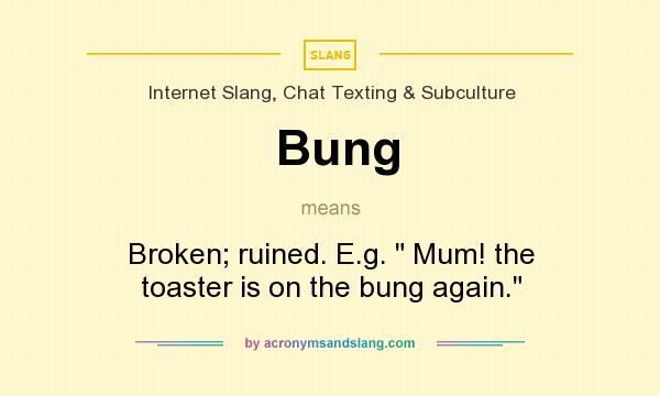 What does Bung mean? It stands for Broken; ruined. E.g.  Mum! the toaster is on the bung again.