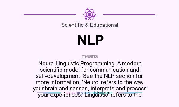 What does NLP mean? It stands for Neuro-Linguistic Programming. A modern scientific model for communication and self-development. See the NLP section for more information. `Neuro` refers to the way your brain and senses, interprets and process your experiences. `Linguistic` refers to the