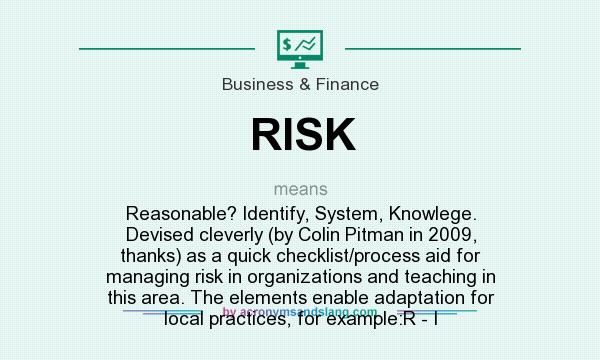 What does RISK mean? It stands for Reasonable? Identify, System, Knowlege. Devised cleverly (by Colin Pitman in 2009, thanks) as a quick checklist/process aid for managing risk in organizations and teaching in this area. The elements enable adaptation for local practices, for example:R - I