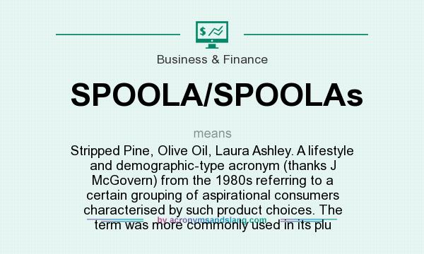 What does SPOOLA/SPOOLAs mean? It stands for Stripped Pine, Olive Oil, Laura Ashley. A lifestyle and demographic-type acronym (thanks J McGovern) from the 1980s referring to a certain grouping of aspirational consumers characterised by such product choices. The term was more commonly used in its plu