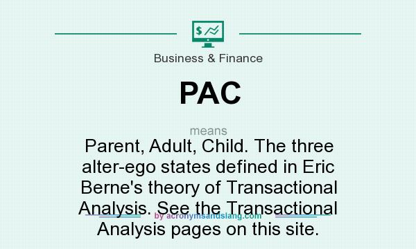 What does PAC mean? It stands for Parent, Adult, Child. The three alter-ego states defined in Eric Berne`s theory of Transactional Analysis. See the Transactional Analysis pages on this site.
