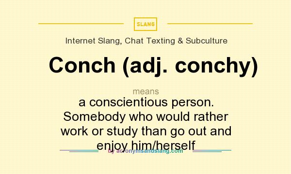 What does Conch (adj. conchy) mean? It stands for a conscientious person. Somebody who would rather work or study than go out and enjoy him/herself