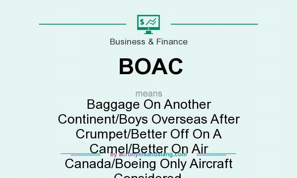 What does BOAC mean? It stands for Baggage On Another Continent/Boys Overseas After Crumpet/Better Off On A Camel/Better On Air Canada/Boeing Only Aircraft Considered.