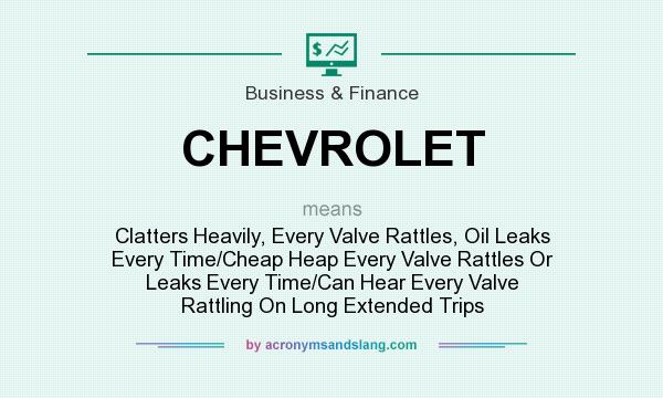 What does CHEVROLET mean? It stands for Clatters Heavily, Every Valve Rattles, Oil Leaks Every Time/Cheap Heap Every Valve Rattles Or Leaks Every Time/Can Hear Every Valve Rattling On Long Extended Trips