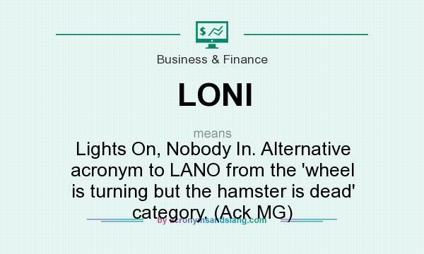 What does LONI mean? It stands for Lights On, Nobody In. Alternative acronym to LANO from the `wheel is turning but the hamster is dead` category. (Ack MG)
