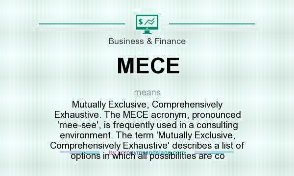 What does MECE mean? It stands for Mutually Exclusive, Comprehensively Exhaustive. The MECE acronym, pronounced `mee-see`, is frequently used in a consulting environment. The term `Mutually Exclusive, Comprehensively Exhaustive` describes a list of options in which all possibilities are co