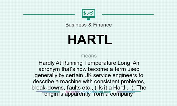 What does HARTL mean? It stands for Hardly At Running Temperature Long. An acronym that`s now become a term used generally by certain UK service engineers to describe a machine with consistent problems, break-downs, faults etc., (Is it a Hartl...). The origin is apparently from a company