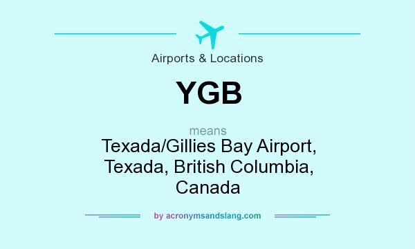 What does YGB mean? It stands for Texada/Gillies Bay Airport, Texada, British Columbia, Canada