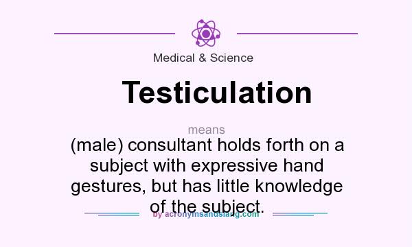 What does Testiculation mean? It stands for (male) consultant holds forth on a subject with expressive hand gestures, but has little knowledge of the subject.