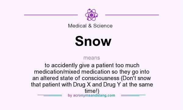 What does Snow mean? It stands for to accidently give a patient too much medication/mixed medication so they go into an altered state of consciousness (Don`t snow that patient with Drug X and Drug Y at the same time!)