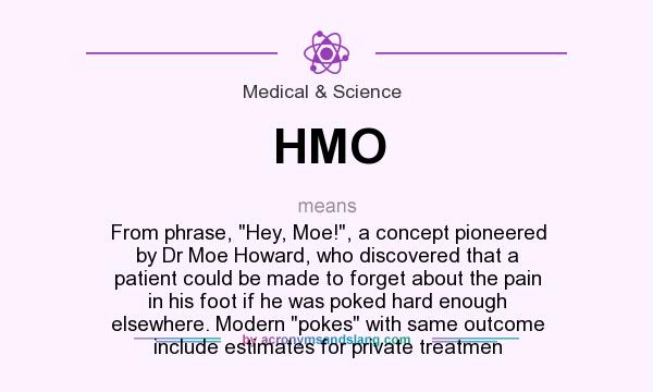 What does HMO mean? It stands for From phrase, Hey, Moe!, a concept pioneered by Dr Moe Howard, who discovered that a patient could be made to forget about the pain in his foot if he was poked hard enough elsewhere. Modern pokes with same outcome include estimates for private treatmen