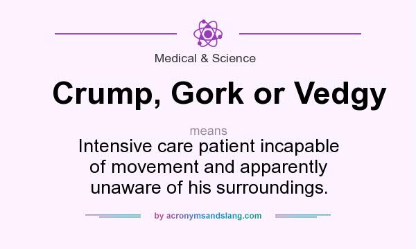What does Crump, Gork or Vedgy mean? It stands for Intensive care patient incapable of movement and apparently unaware of his surroundings.