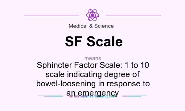 What does SF Scale mean? It stands for Sphincter Factor Scale: 1 to 10 scale indicating degree of bowel-loosening in response to an emergency