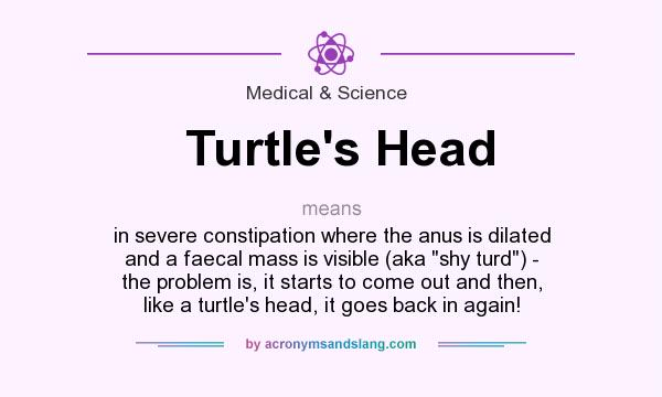 What does Turtle`s Head mean? It stands for in severe constipation where the anus is dilated and a faecal mass is visible (aka shy turd) - the problem is, it starts to come out and then, like a turtle`s head, it goes back in again!