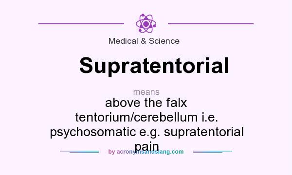 What does Supratentorial mean? It stands for above the falx tentorium/cerebellum i.e. psychosomatic e.g. supratentorial pain