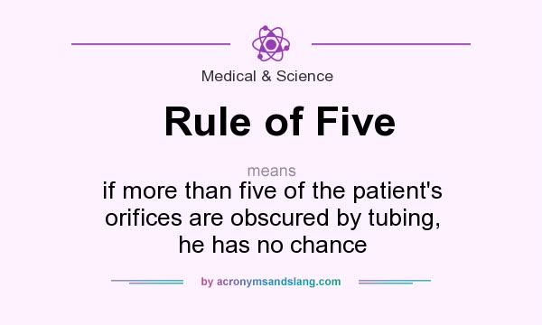 What does Rule of Five mean? It stands for if more than five of the patient`s orifices are obscured by tubing, he has no chance